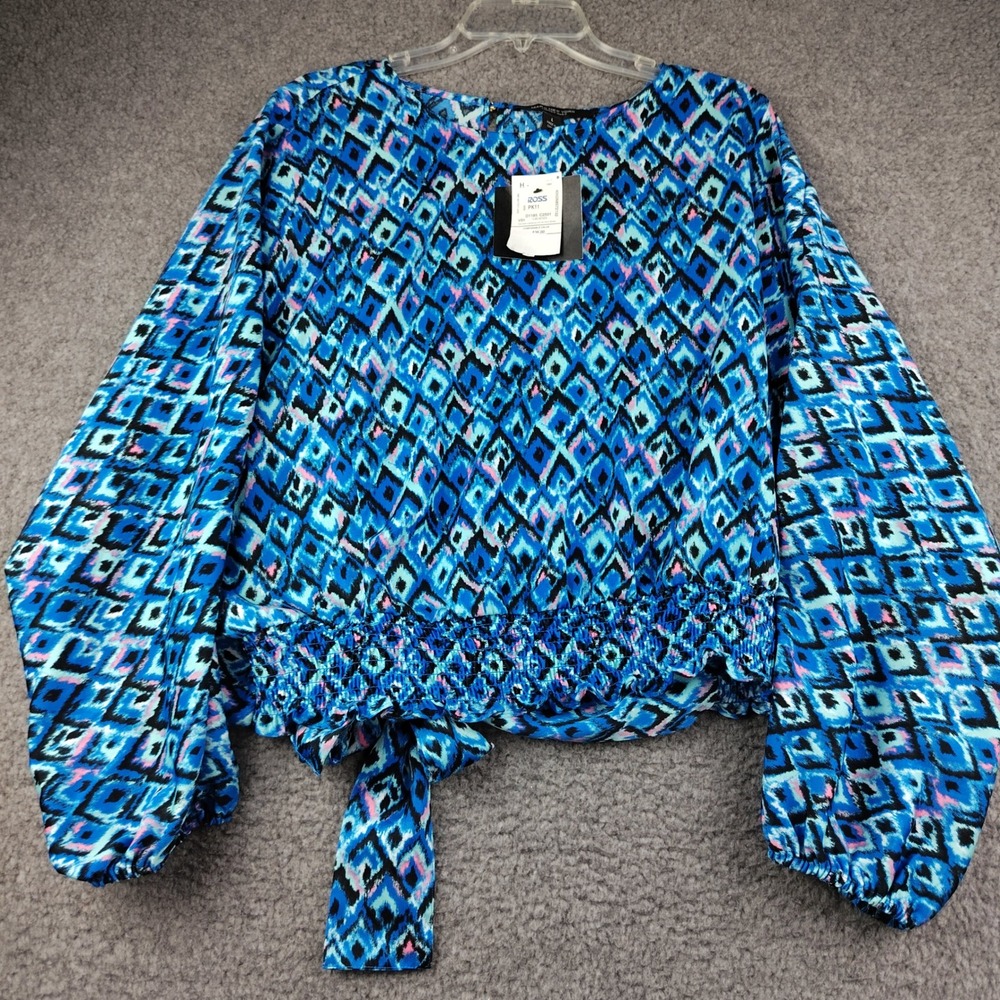 Marc New York Blouse Sz Large Blue Mini Tie Dye Smocked Stretch NWT